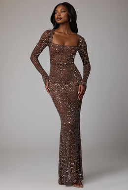 Sheer Embellished Long Sleeve Evening Gown in Deep Cocoa