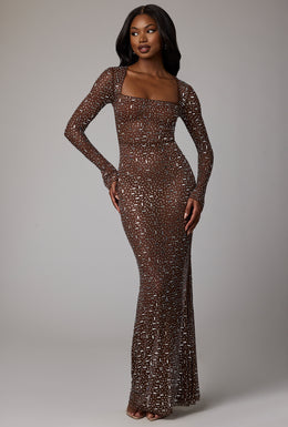 Sheer Embellished Long Sleeve Evening Gown in Deep Cocoa