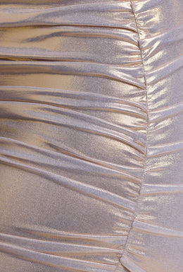 Long Sleeve Metallic Jersey Mini Dress in Light Gold