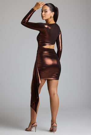 Cut Out Metallic Jersey Mini Dress in Copper Bronze Cut Out Metallic Jersey Mini Dress in Copper Bronze