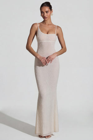 Oh Polly's Rona wearing the Duhamel Gown Length Dress in White Embellished fabric perfect for bridal showers