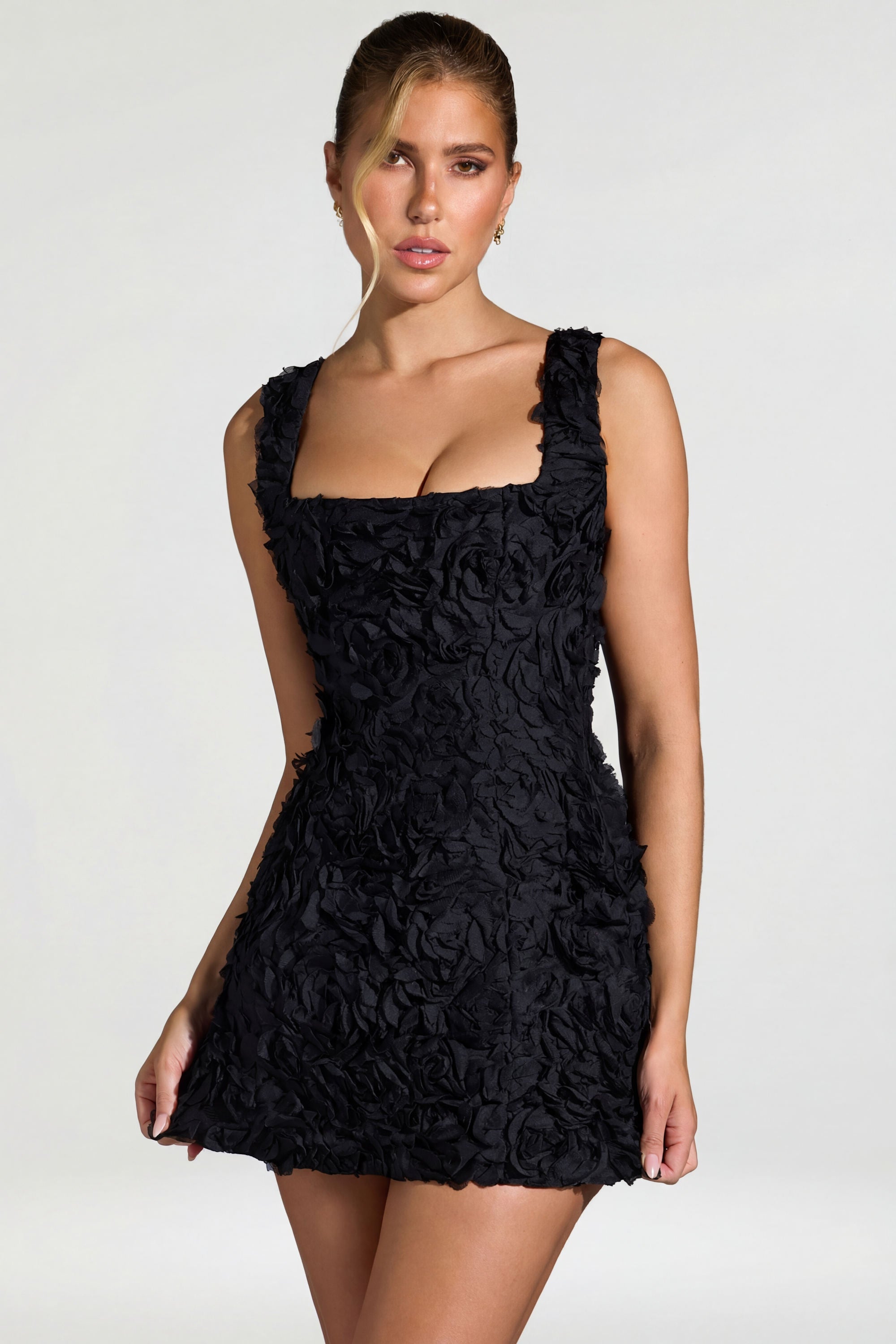 Floral-Appliqué Square-Neck Corset Mini Dress in Black - 4