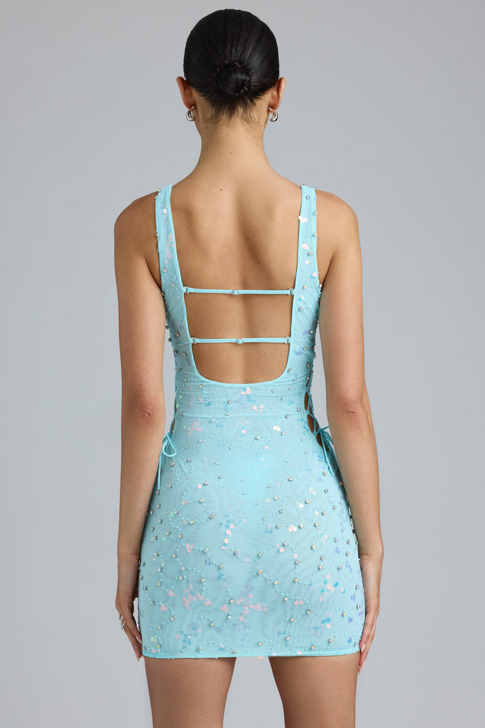 Embellished Lace-Up Mini Dress in Ice Blue
