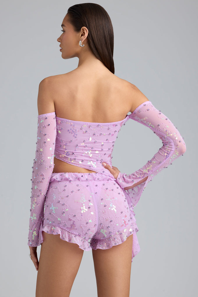 Ruffle Mid-Rise Hot Pant Shorts in Violet Pink