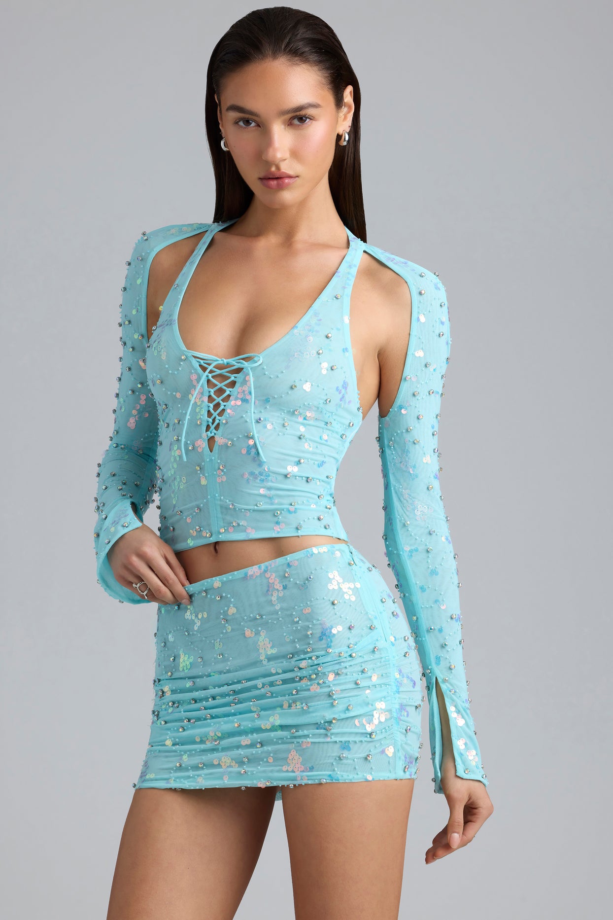 Embellished Cut-Out Halterneck Top in Ice Blue