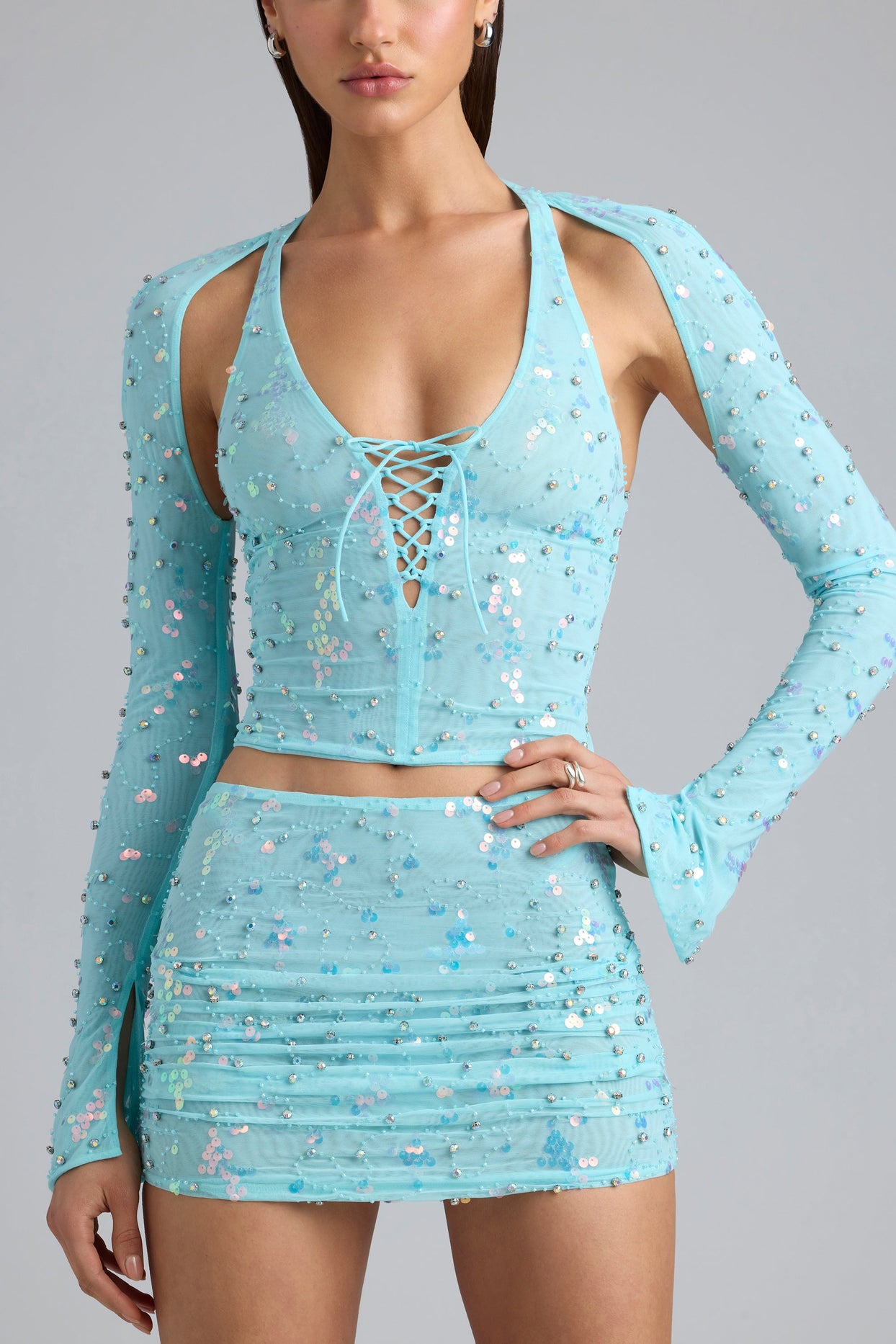 Embellished Cut-Out Halterneck Top in Ice Blue