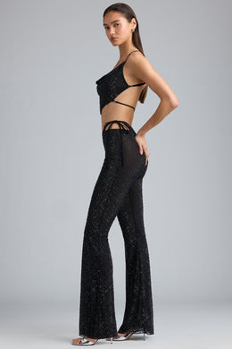 Petite Embellished Cut-Out Flared Trousers in Black