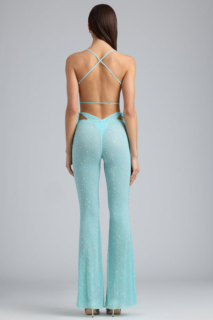 Embellished Cut-Out Flared Trousers in Ice Blue
