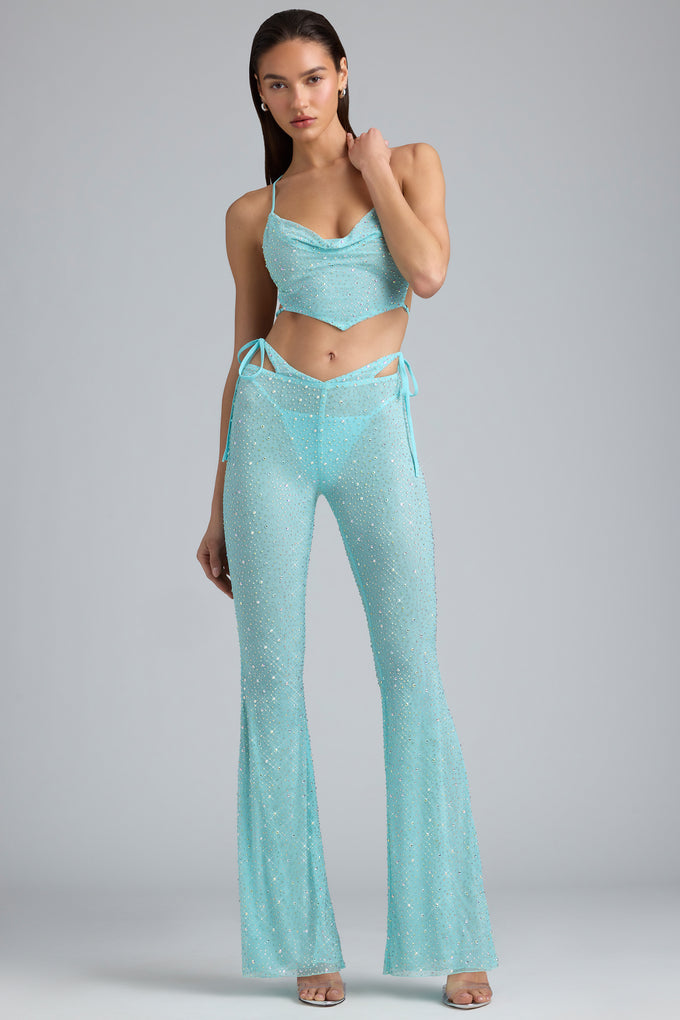 Embellished Cut-Out Flared Trousers in Ice Blue
