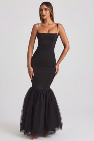 Adelpha Tulle Hem Fishtail Gown in Black | Oh Polly 2 Adelpha Tulle Hem Fishtail Gown in Black | Oh Polly 2
