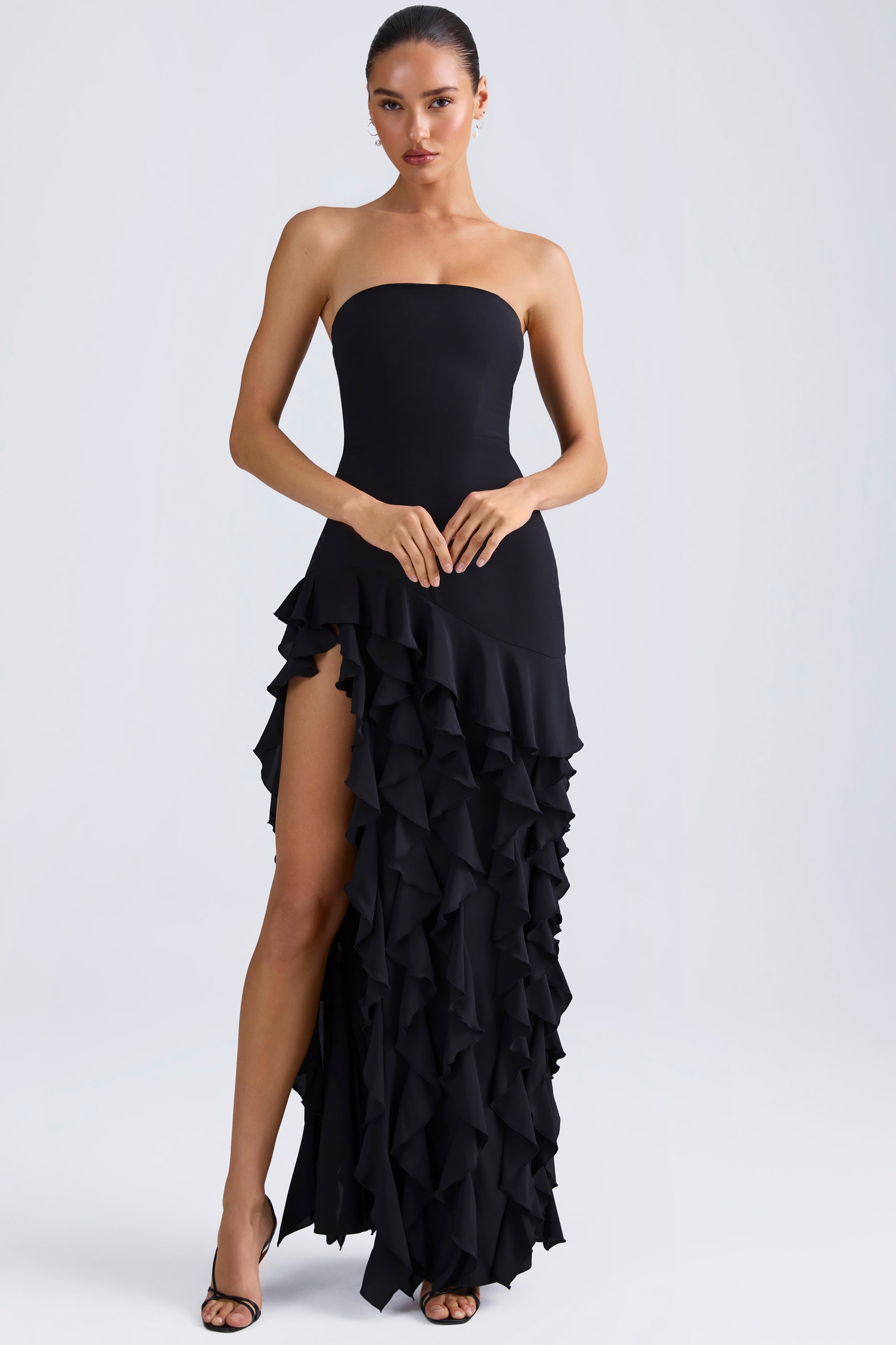 Ruffle-Trim Strapless Gown in Black