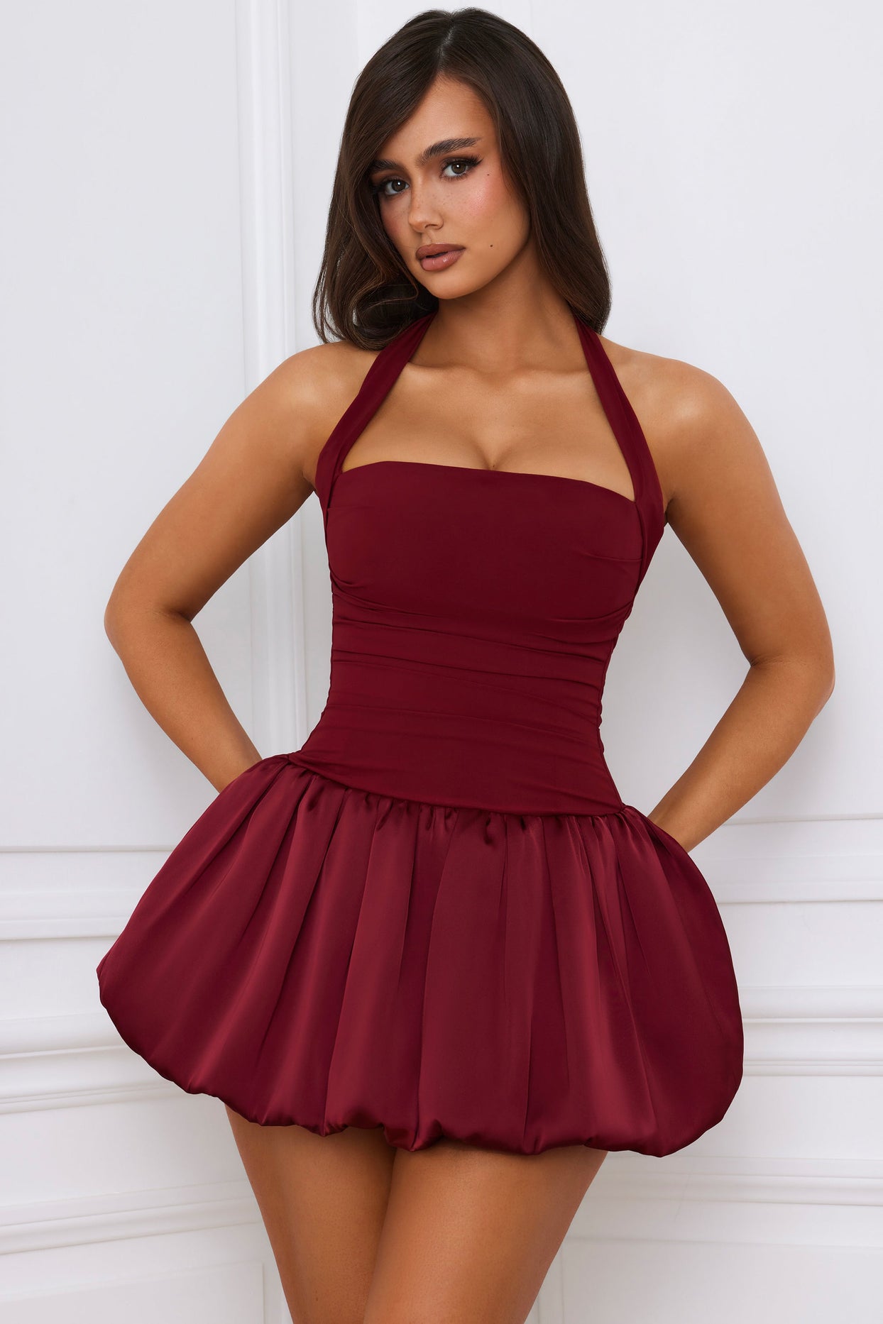 Ludmila Halterneck Lace-Up Bubble Hem Corset Micro Mini Dress in Berry