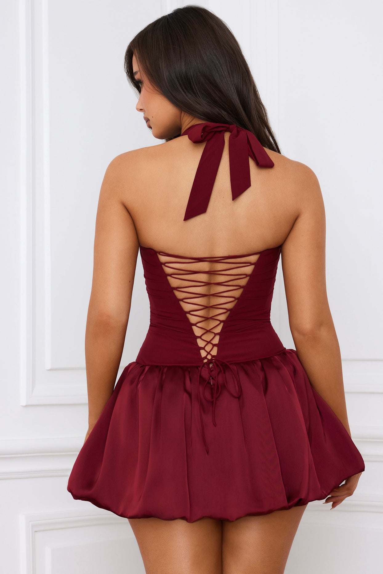 Halterneck Lace-Up Bubble Hem Corset Micro Mini Dress in Berry Red