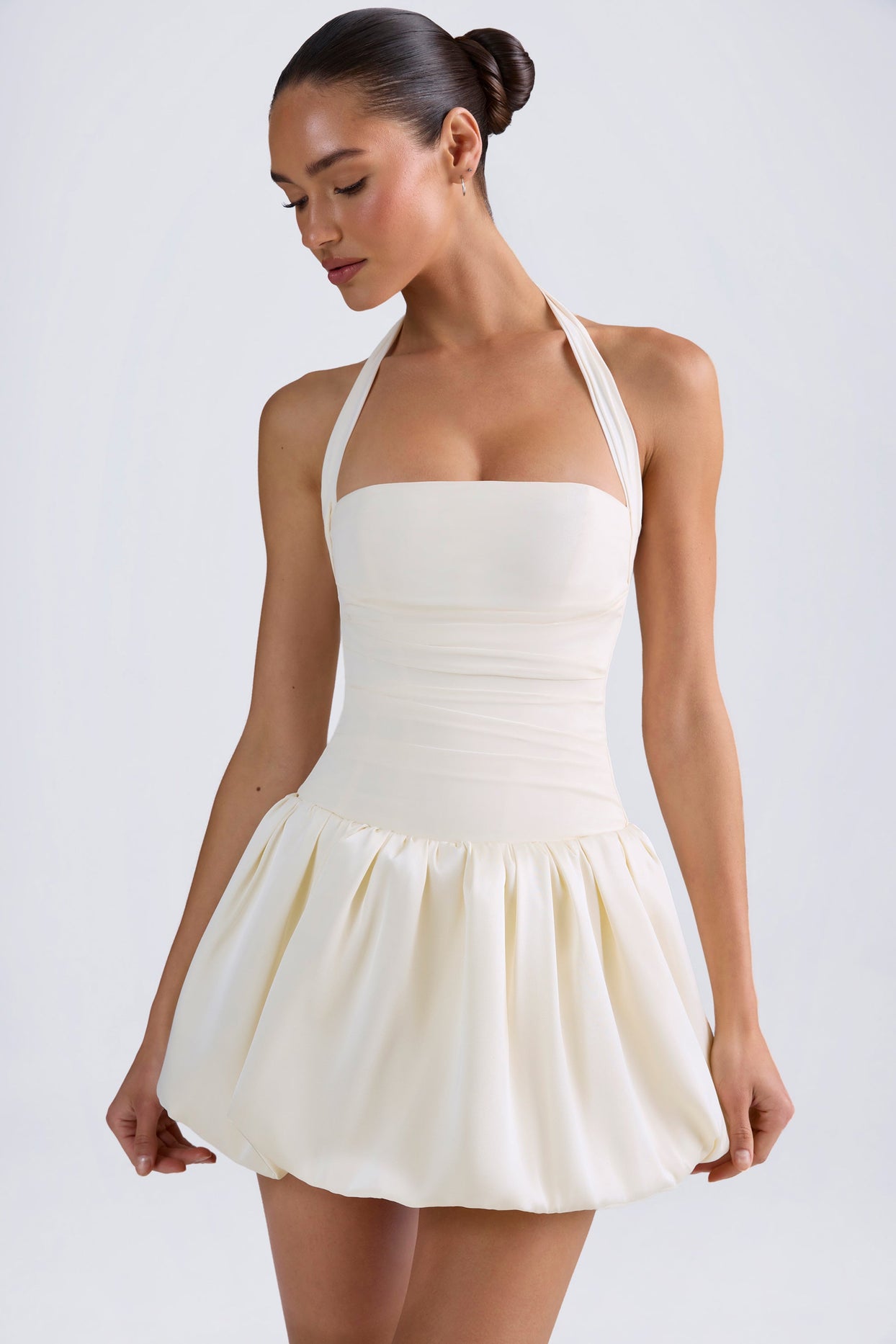 Ludmila Halterneck Lace-Up Bubble Hem Corset Micro Mini Dress in Ivory