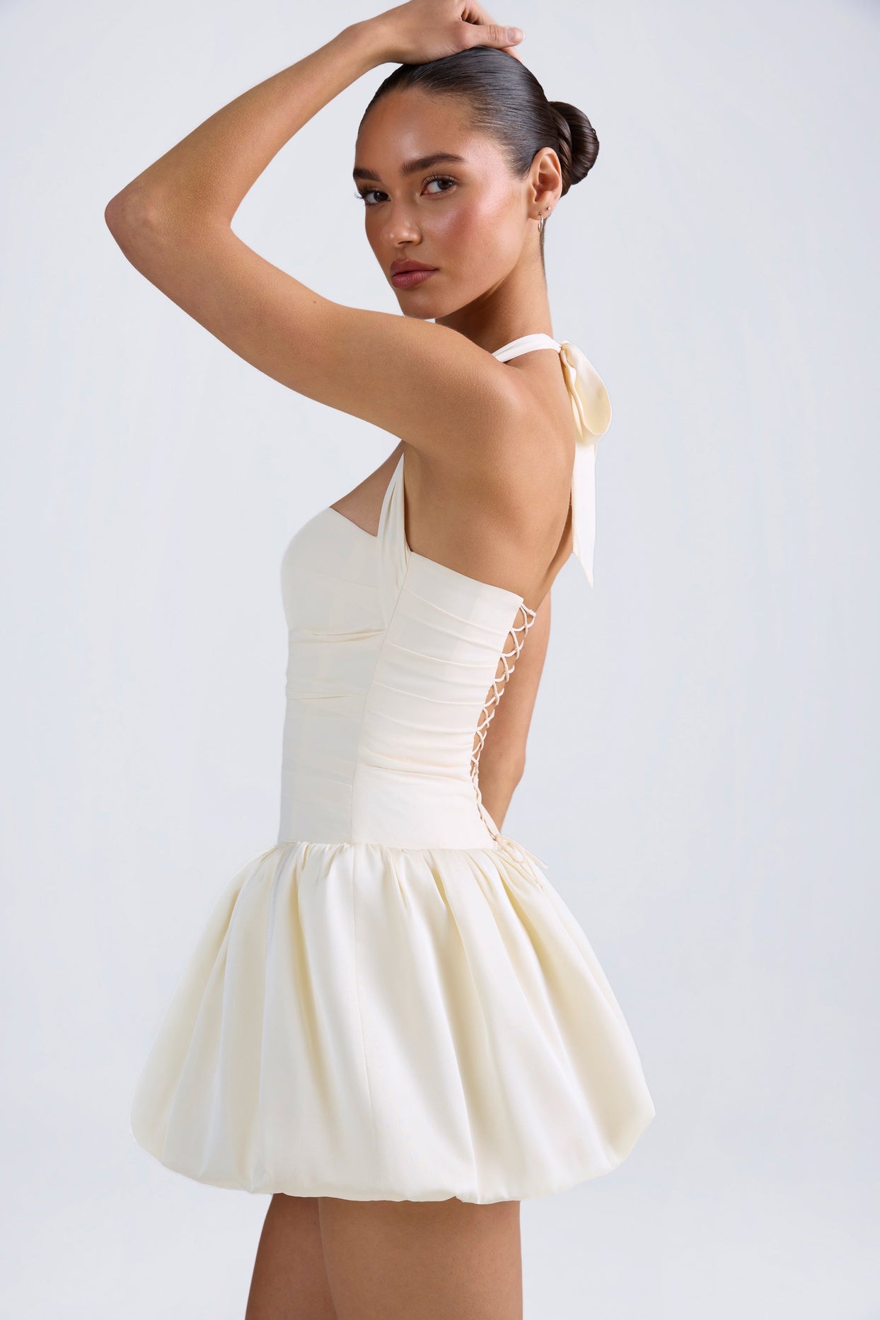 Ludmila Halterneck Lace-Up Bubble Hem Corset Micro Mini Dress in Ivory