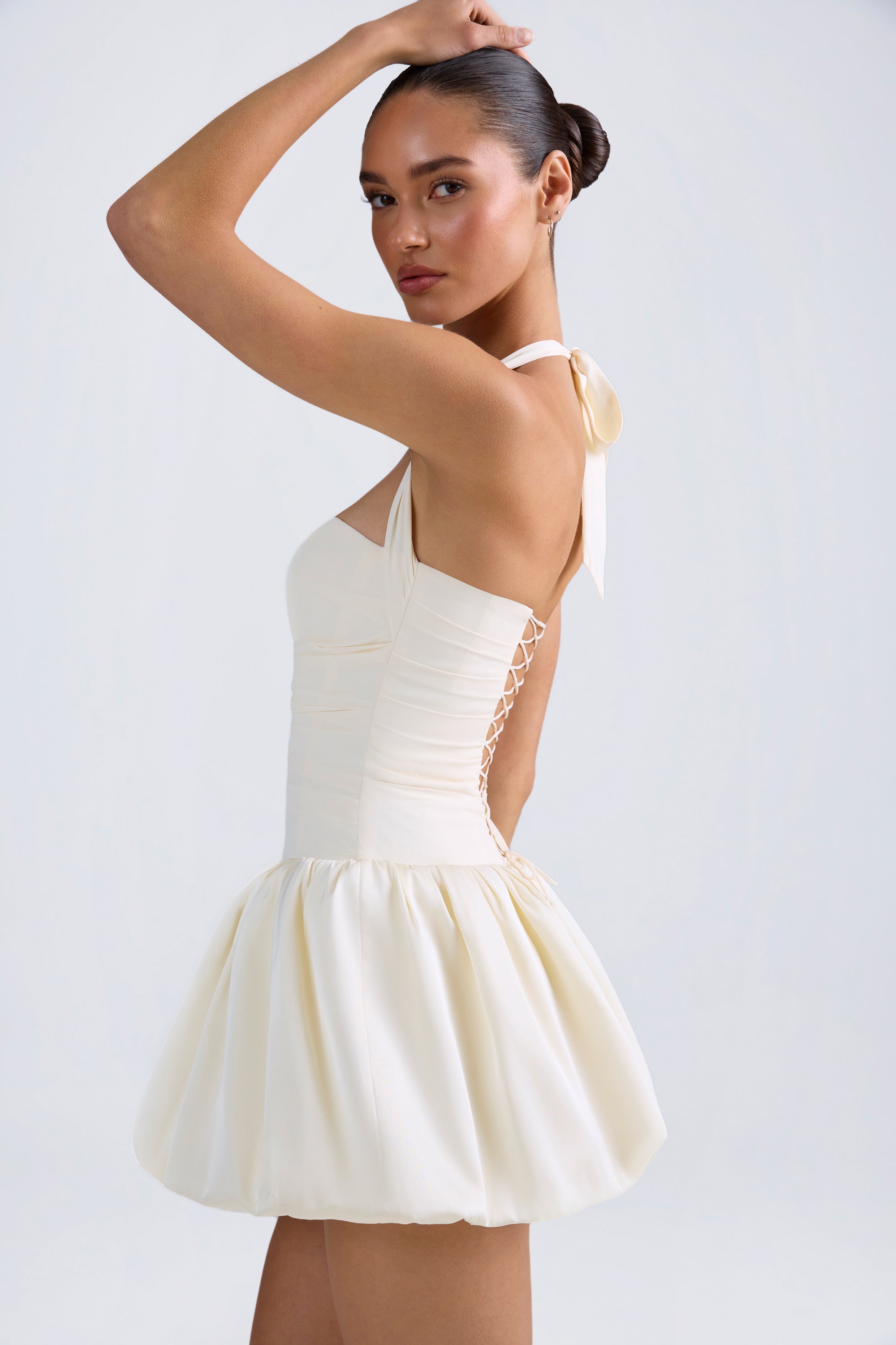 halterneck Lace-Up bubble hem corset Micro mini dress in Ivory - 10 | Oh Polly halterneck Lace-Up bubble hem corset Micro mini dress in Ivory - 10 | Oh Polly