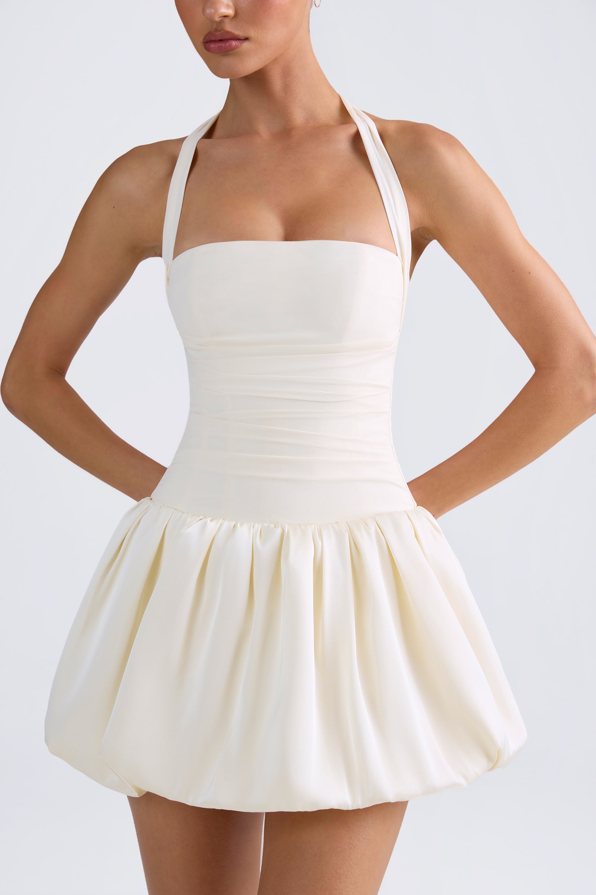 Halterneck Lace-Up Bubble Hem Corset Micro Mini Dress in Ivory - 2