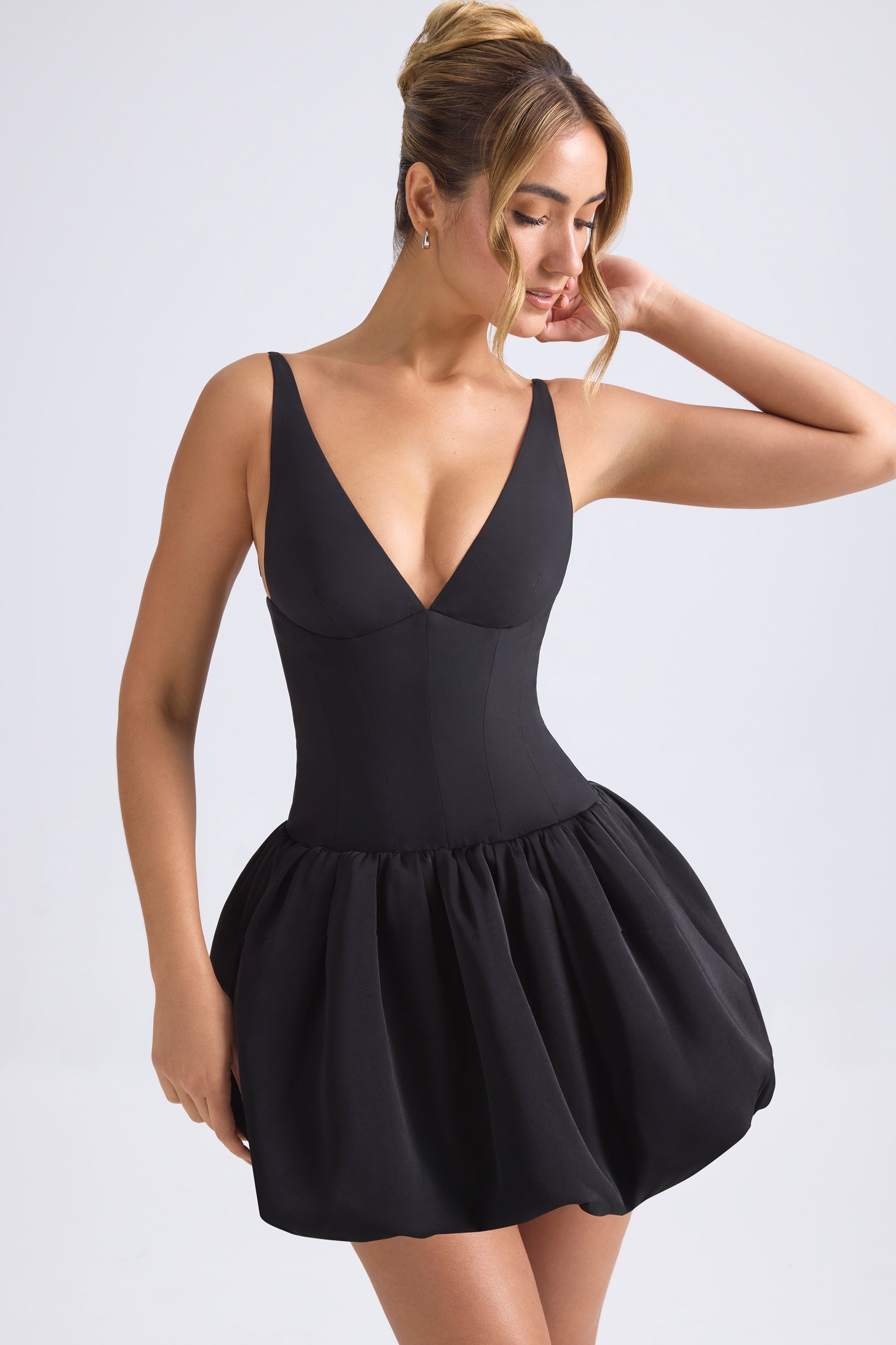 Anahita Lace-Up Bubble Hem Corset Micro Mini Dress in Black