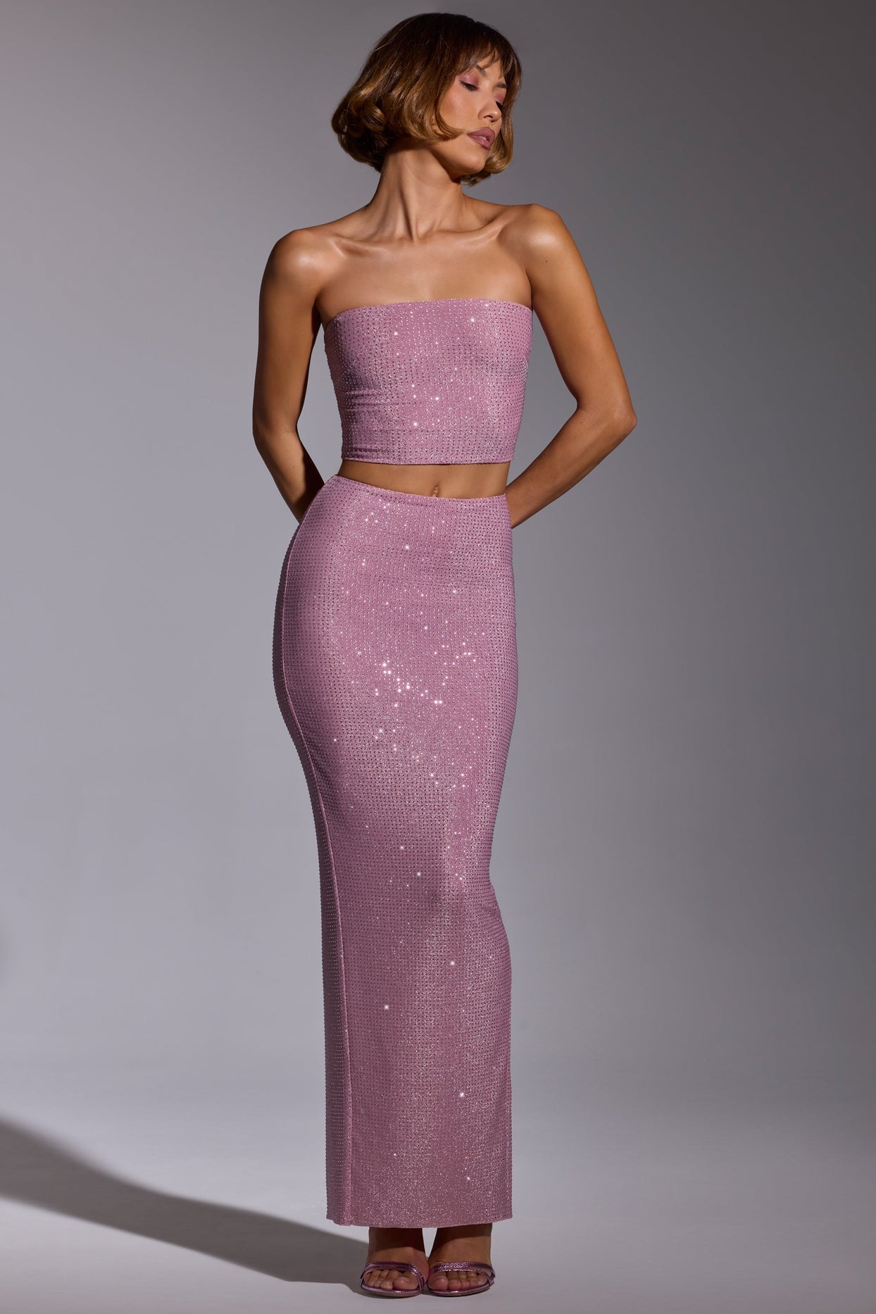 Embellished Mid Rise Gown Skirt in Light Pink