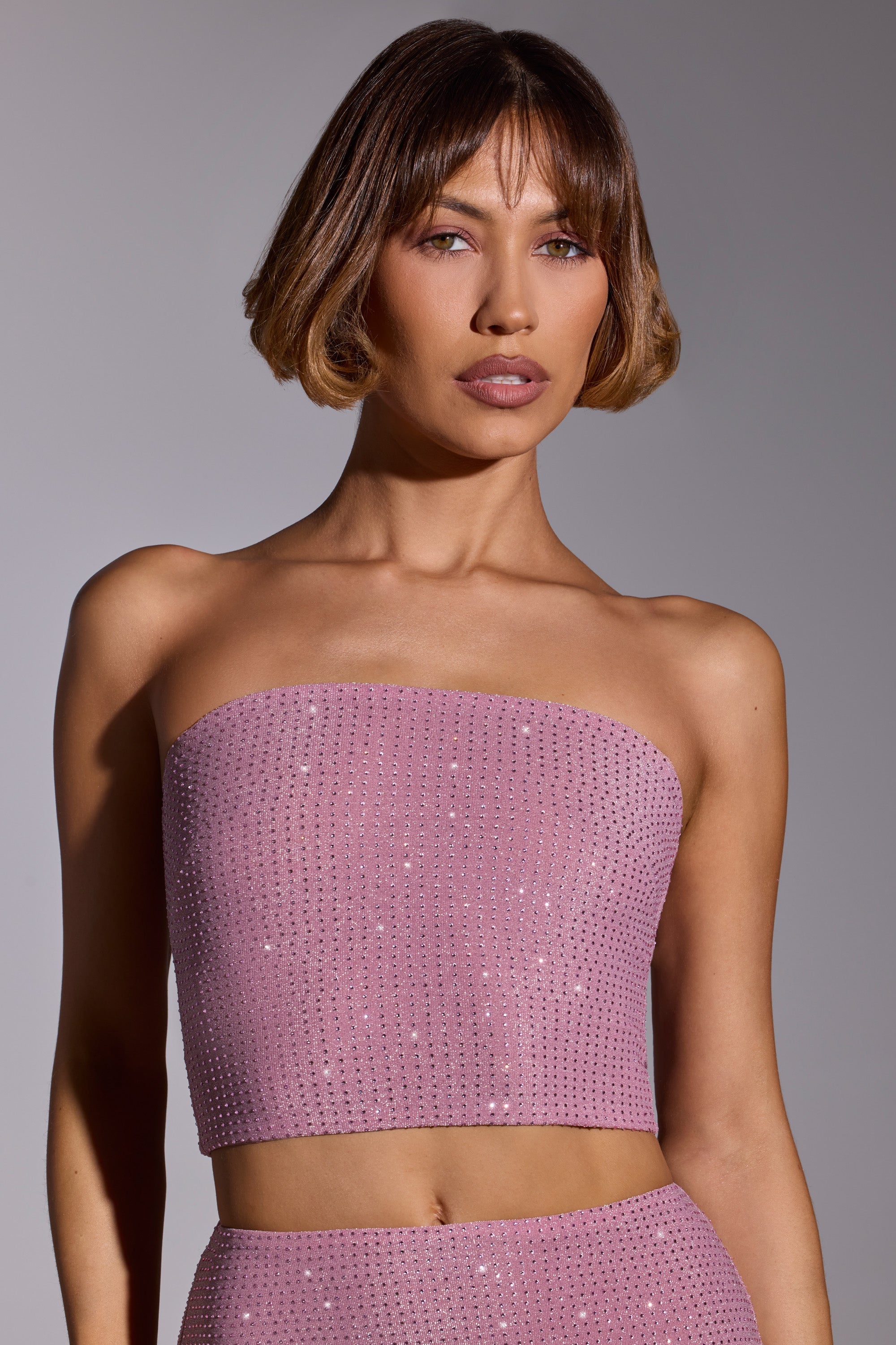 Odetta Embellished Strapless Crop Top in Light Pink Oh Polly US