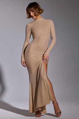 Embellished Long Sleeve Evening Gown in Gold