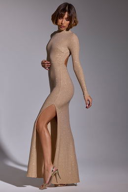 Embellished Long Sleeve Evening Gown in Gold