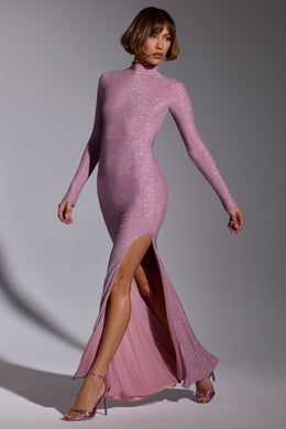 Embellished Long Sleeve Evening Gown in Light Pink