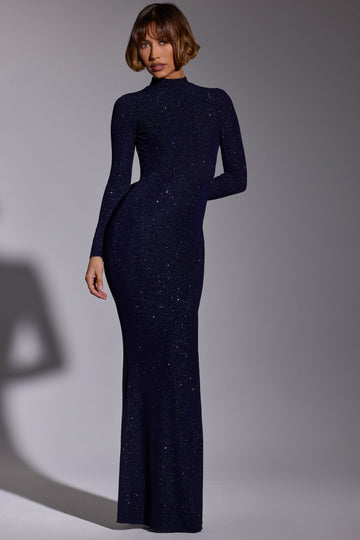 Celestia Embellished High Neck Long Sleeve Evening Gown in Royal Indigo ...