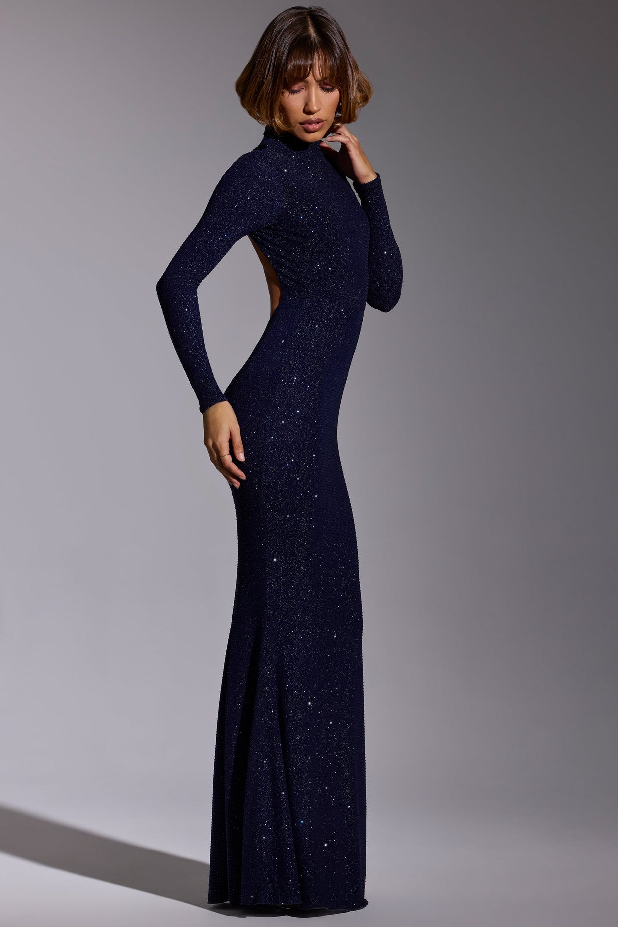 Embellished Long Sleeve Evening Gown in Royal Indigo