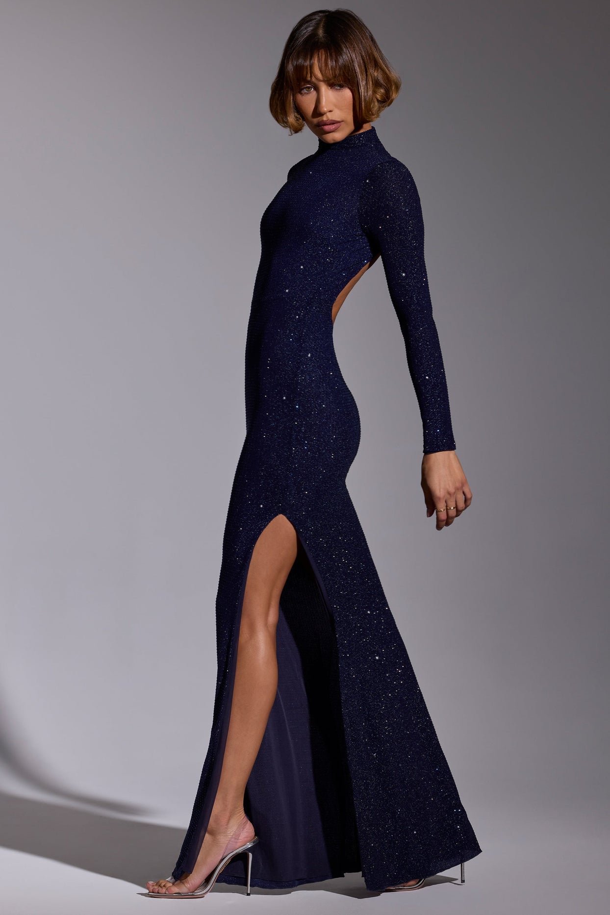 Embellished Long Sleeve Evening Gown in Royal Indigo