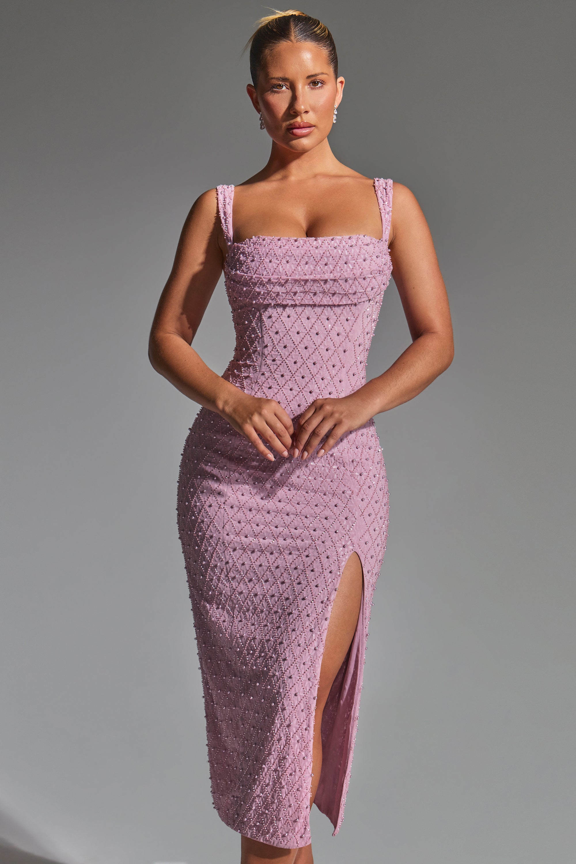 Oh Polly Embellished Cowl Neck Midaxi Dress in Mauve 14