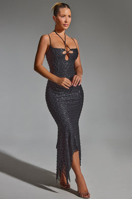 Embellished Cut-Out Asymmetric Midaxi Dress in Black