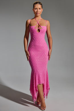 Embellished Cut-Out Asymmetric Midaxi Dress in Hot Pink