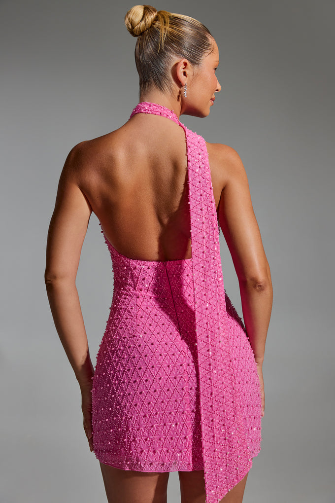 Embellished Scarf-Detail Halterneck Mini Dress in Hot Pink