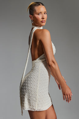 Embellished Scarf-Detail Halterneck Mini Dress in White