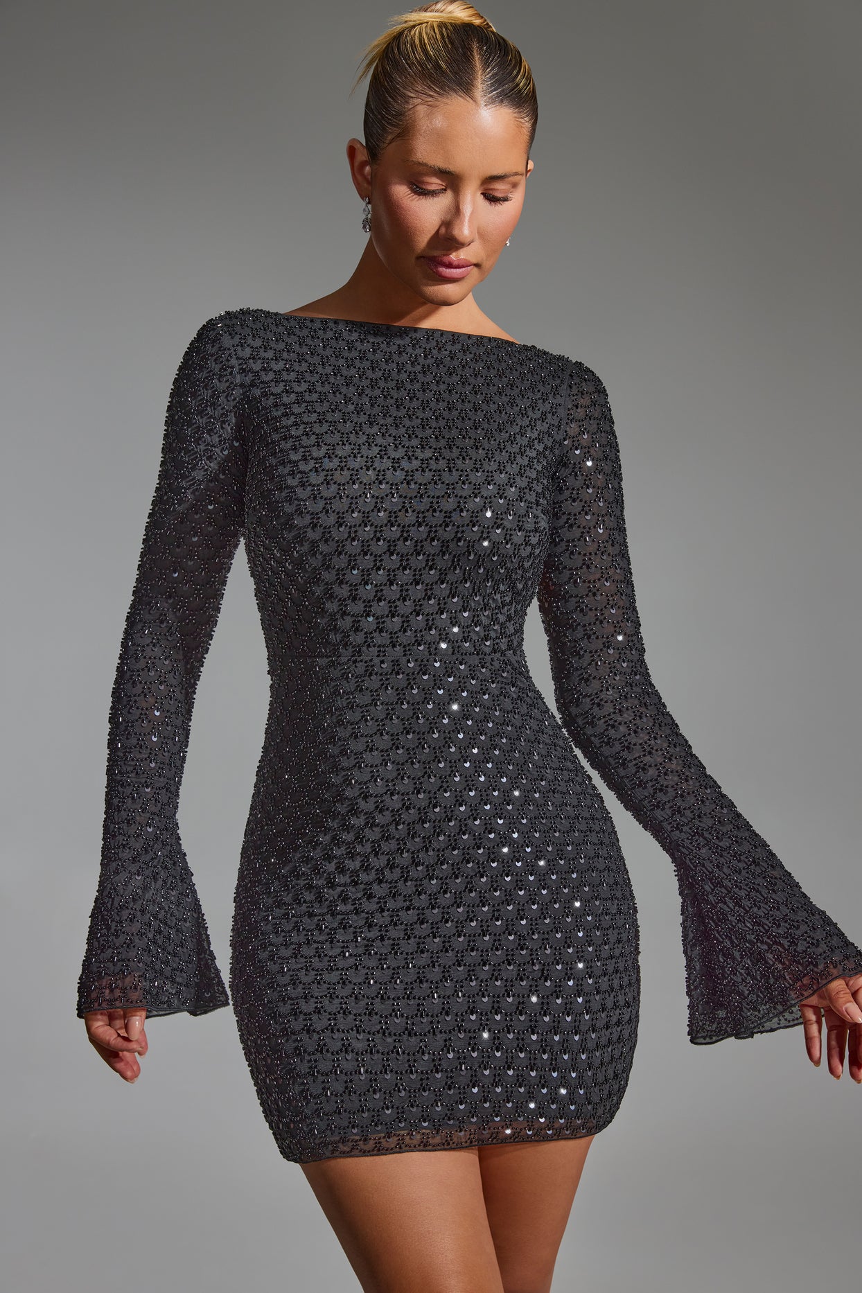 Embellished Open-Back A-Line Mini Dress in Black