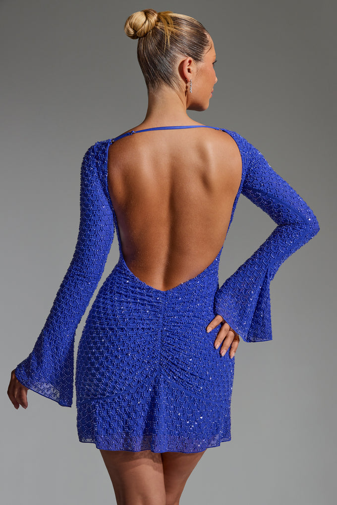 Embellished Open-Back A-Line Mini Dress in Cobalt Blue