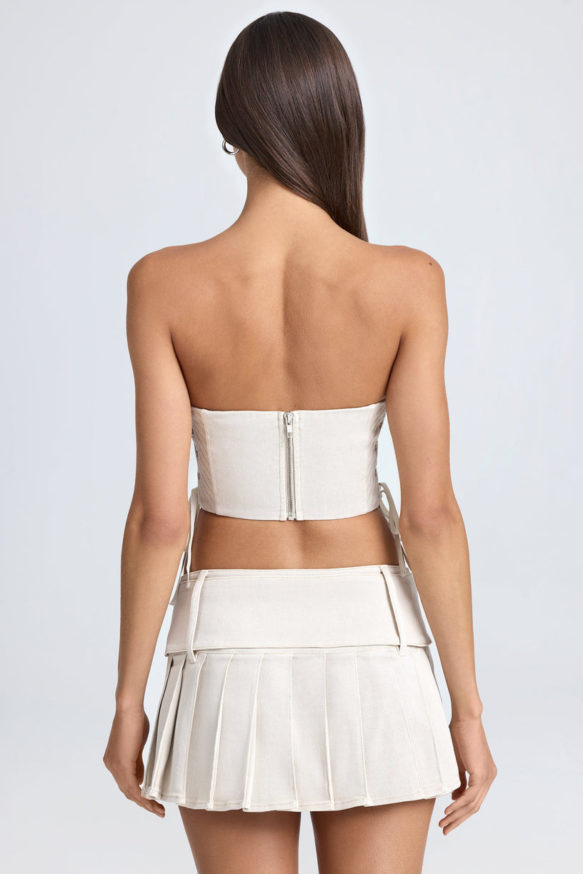 Belted Pleated Low-Rise Micro Mini Skirt in Ecru - 2