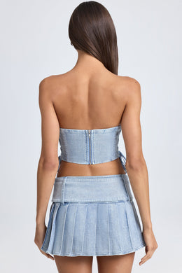 Belted Pleated Low-Rise Micro Mini Skirt in Light Blue Stonewash