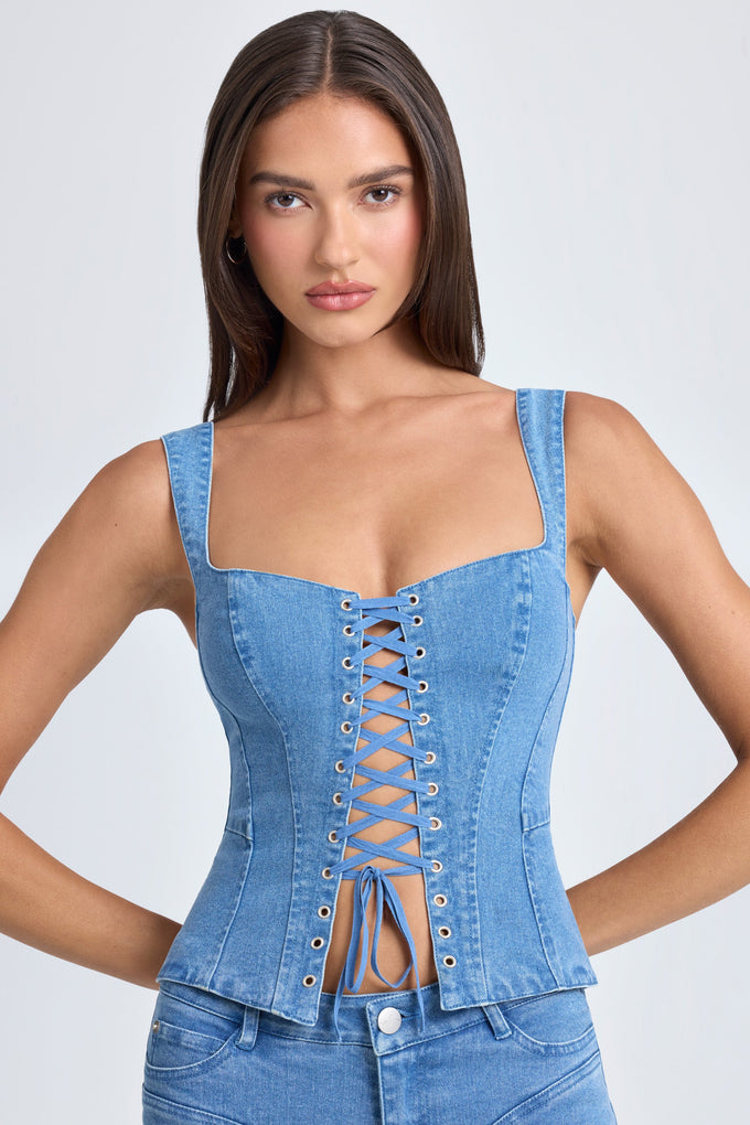 Lace-Up Corset Top in Mid Blue Stonewash