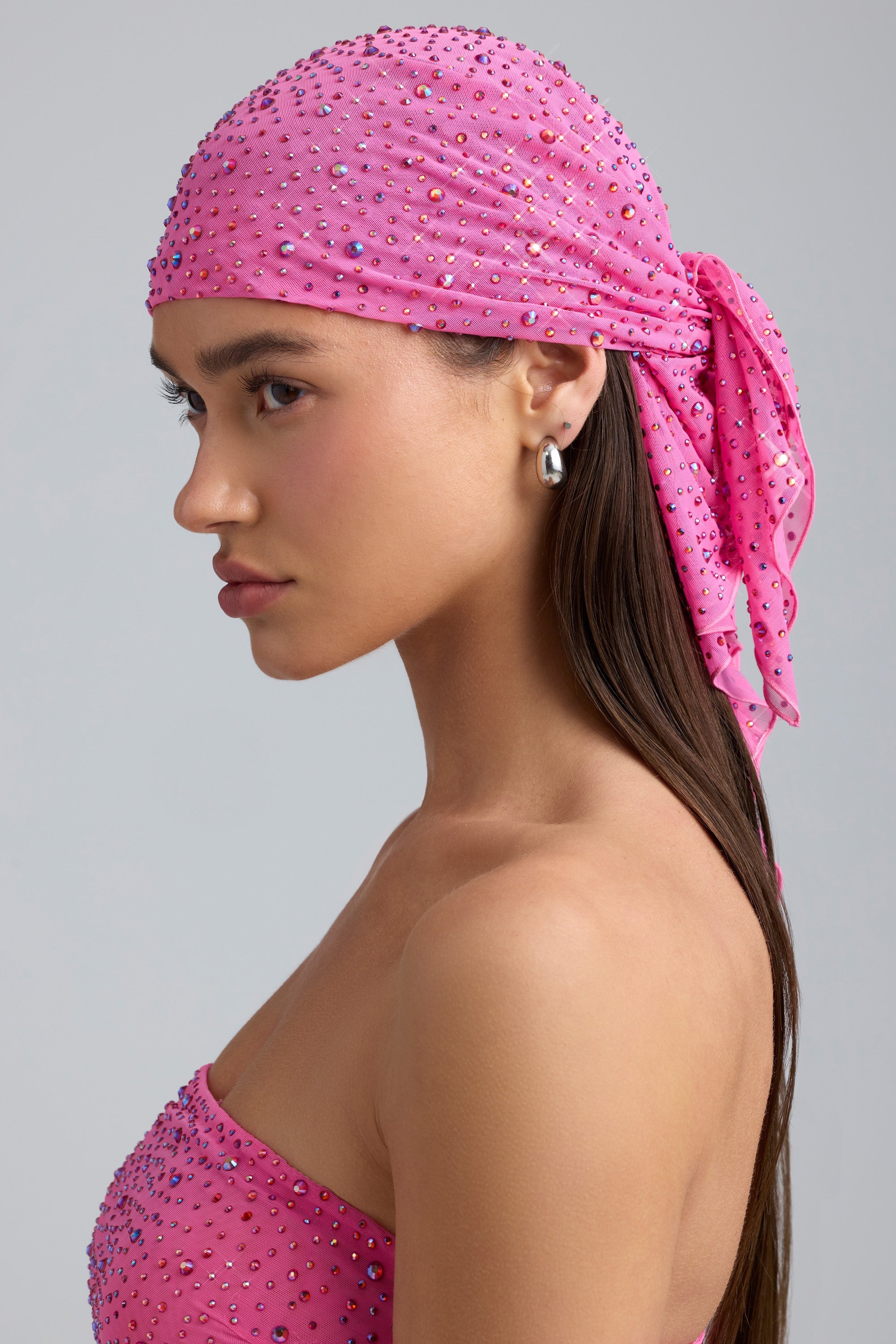 Embellished Mesh Headscarf in Bubblegum Pink