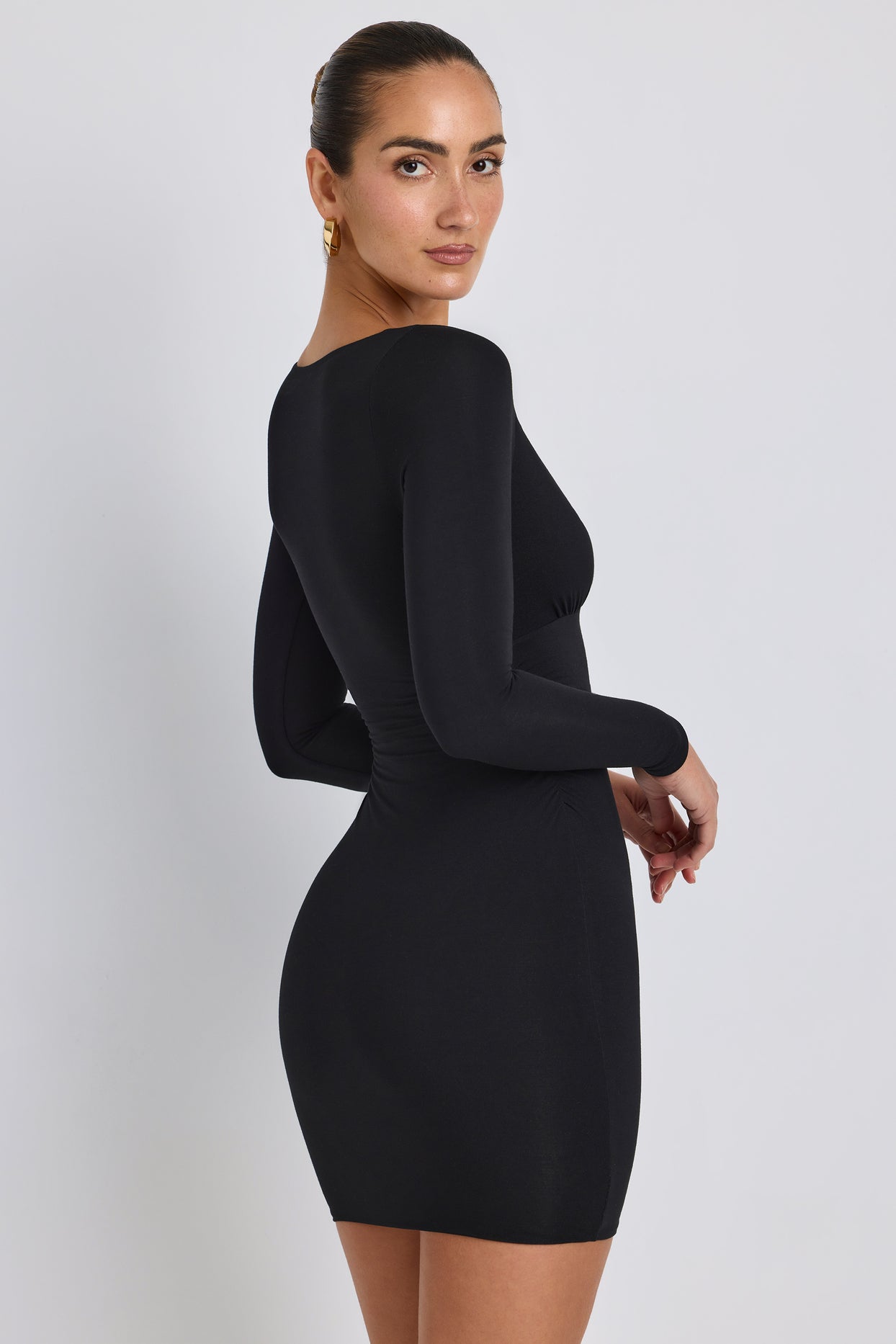 Modal Ruched Long-Sleeve Mini Dress in Black