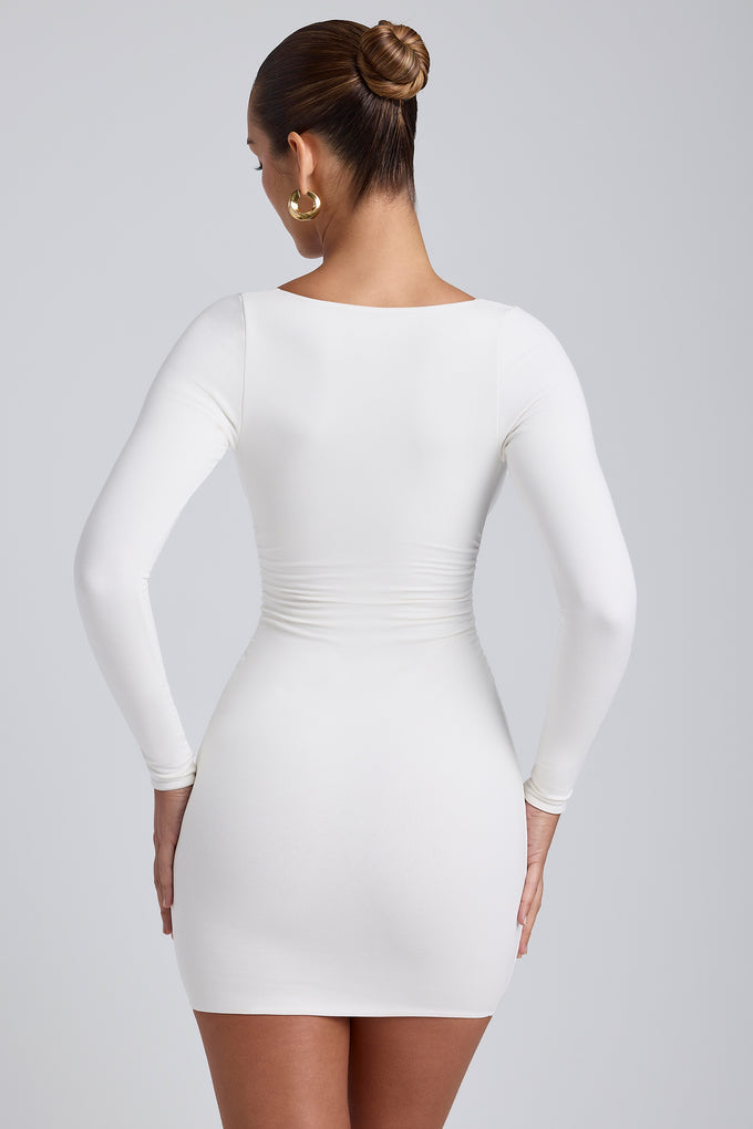 Mini vestido modal franzido de manga comprida em branco