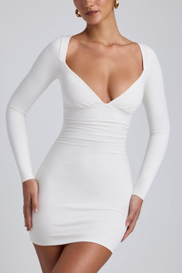 Modal Ruched Long-Sleeve Mini Dress in White