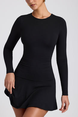 Mini vestido modal franzido com gola redonda em preto