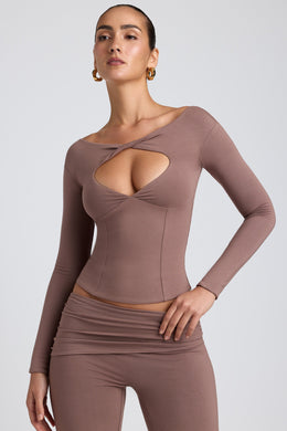 Modal Twist-Front Long-Sleeve Crop Top in Taupe