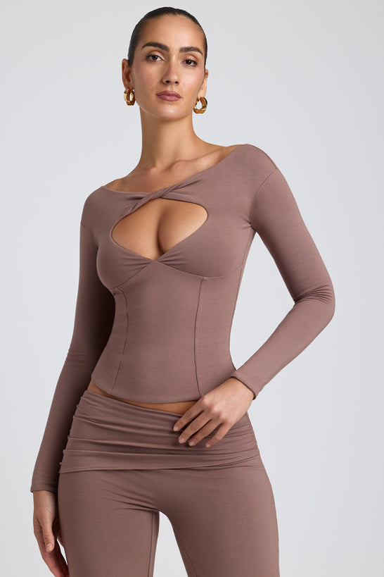 Modal Twist-Front Long-Sleeve Crop Top in Taupe