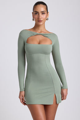 Modal Twist-Front Long-Sleeve Mini Dress in Sage Green