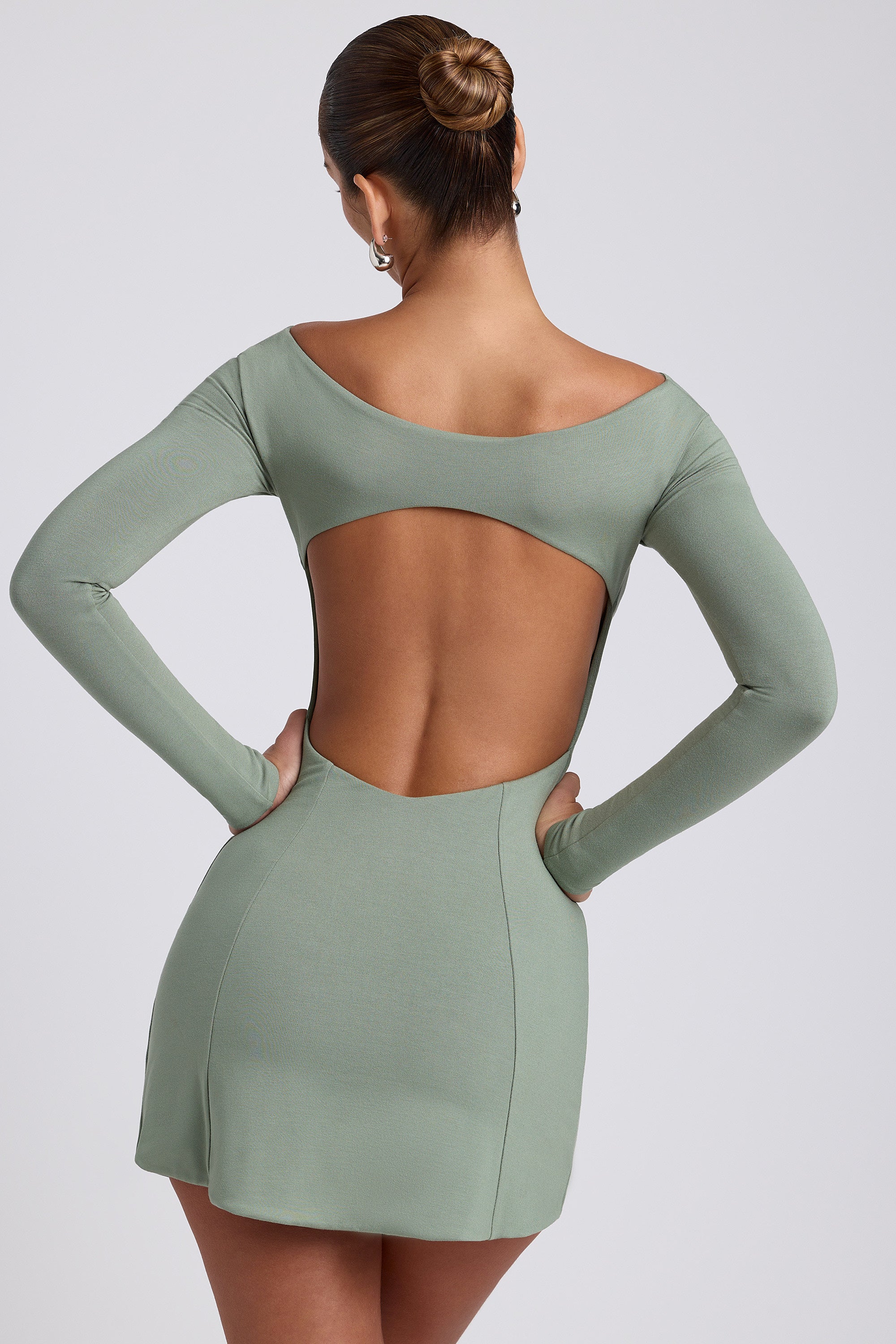 Sarla Twist-Front Long-Sleeve Mini Dress in Sage Green | Oh Polly