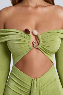 Hardware Detail Off-Shoulder Cut-Out Mini Dress in Olive Green